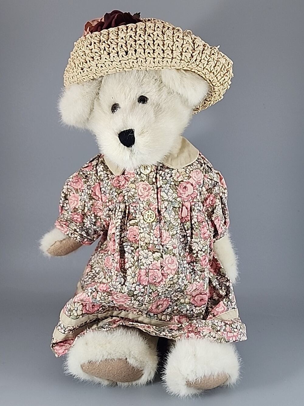 Vintage Boyds Bear Justine Investment Collection Pink Tan Floral Dress & Stand